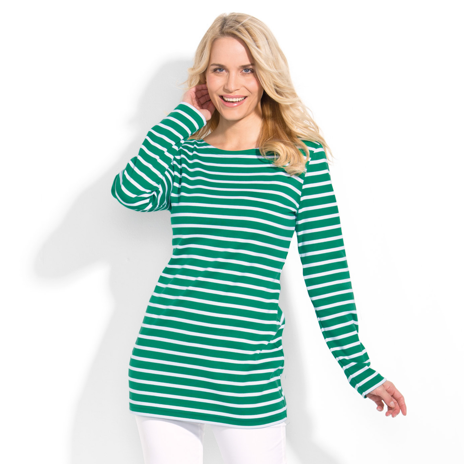 Maritimes Long-Shirt smaragd/weiß